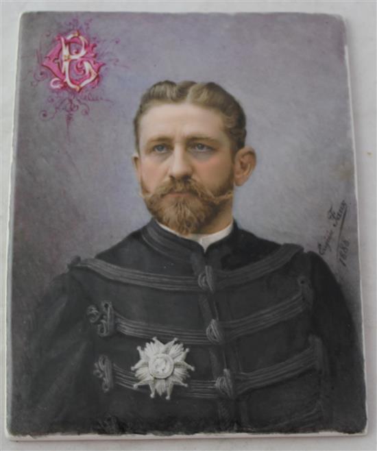 French Political Interest: Eugenie Faux (b.1860). Portrait on porcelain plaque of General Boulanger, 17 x 13.5cm